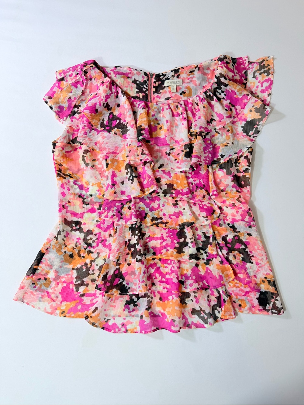 Women's White Pink Floral Chiffon Round back Ruffle Pullover Blouse Medium